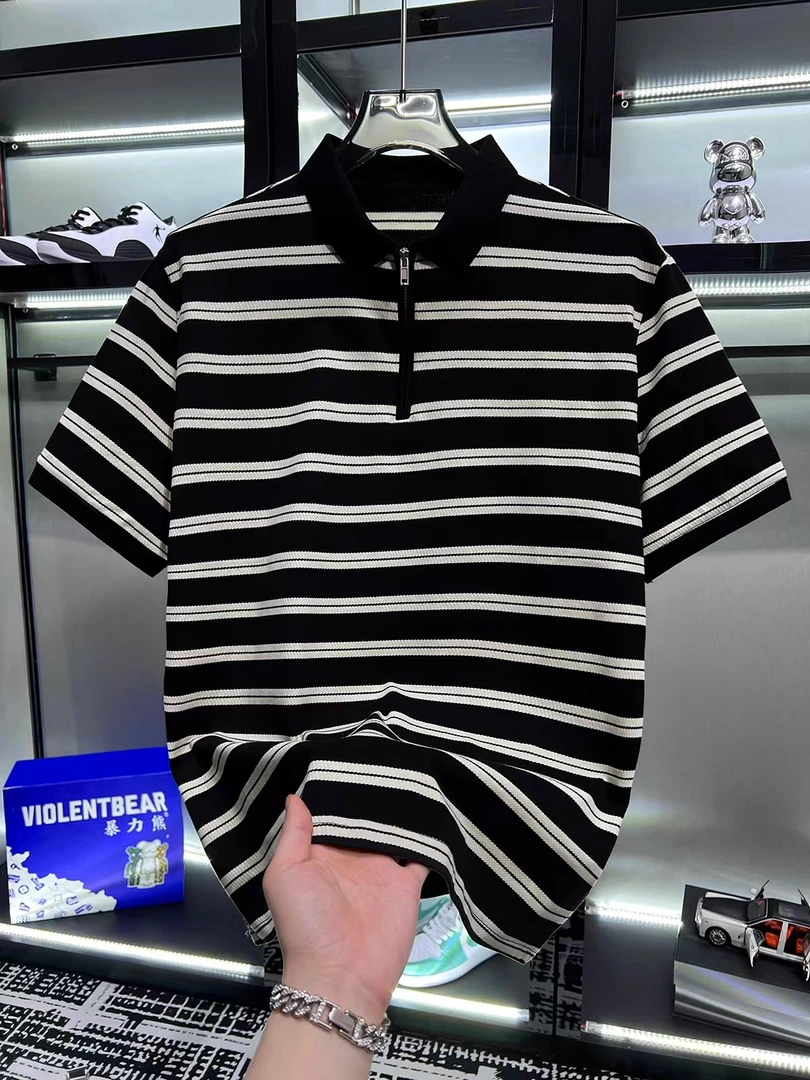 高级感半拉链条纹polo衫男短袖t恤夏季潮流半袖体恤男士有领上衣