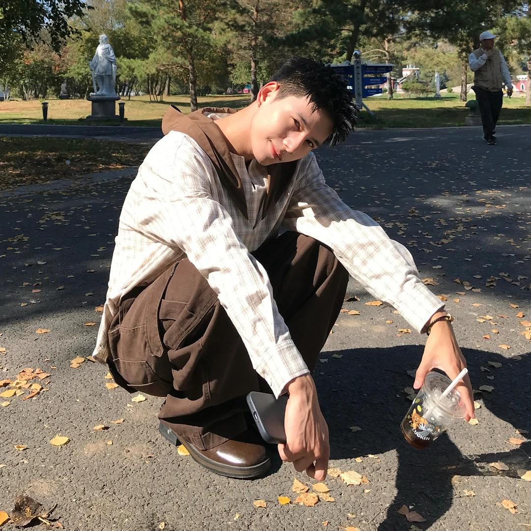 Holocene美式潮牌设计感撞色格子假两件卫衣休闲宽松连帽MC8611