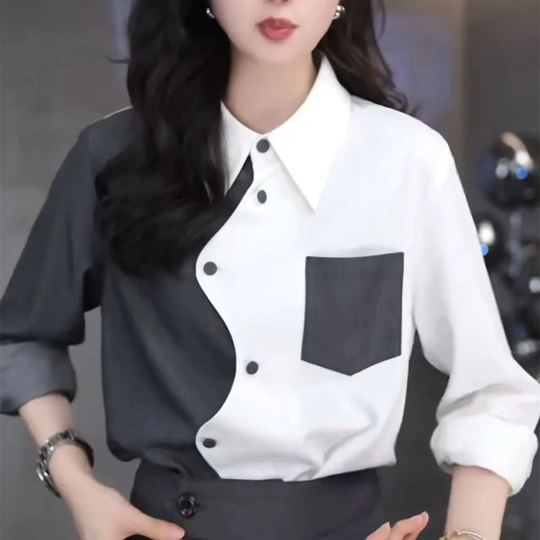 【551】法式撞色衬衫女士设计感时尚显瘦减龄洋气不规则叠穿上衣