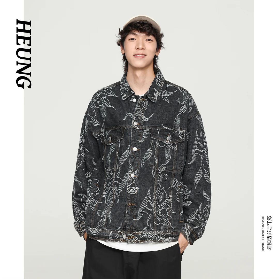 小众高级感满印花卉刺绣潮牌牛仔外套男士秋季宽松高街工装夹克男