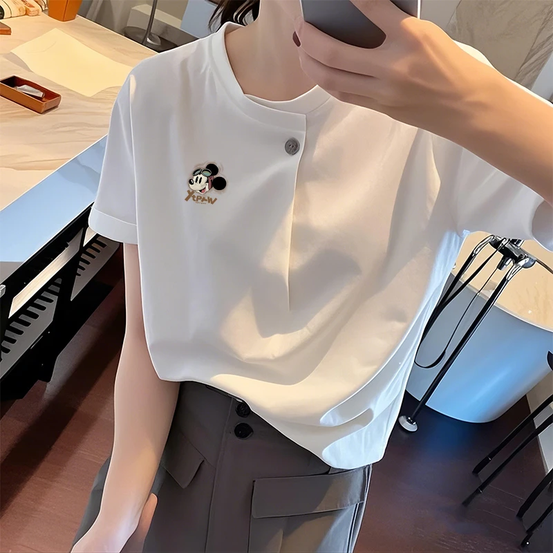 一粒扣韩版女士时尚小衫白色纯棉短袖T恤女夏季2025新款宽松上衣