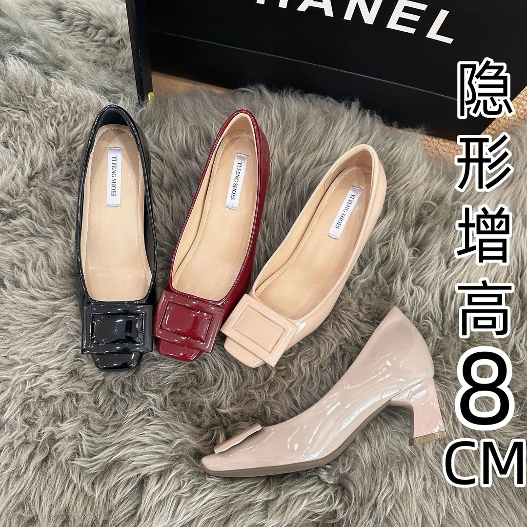 内增高女鞋经典方扣方头浅口单鞋女温柔风软漆皮高跟鞋粗跟通勤鞋