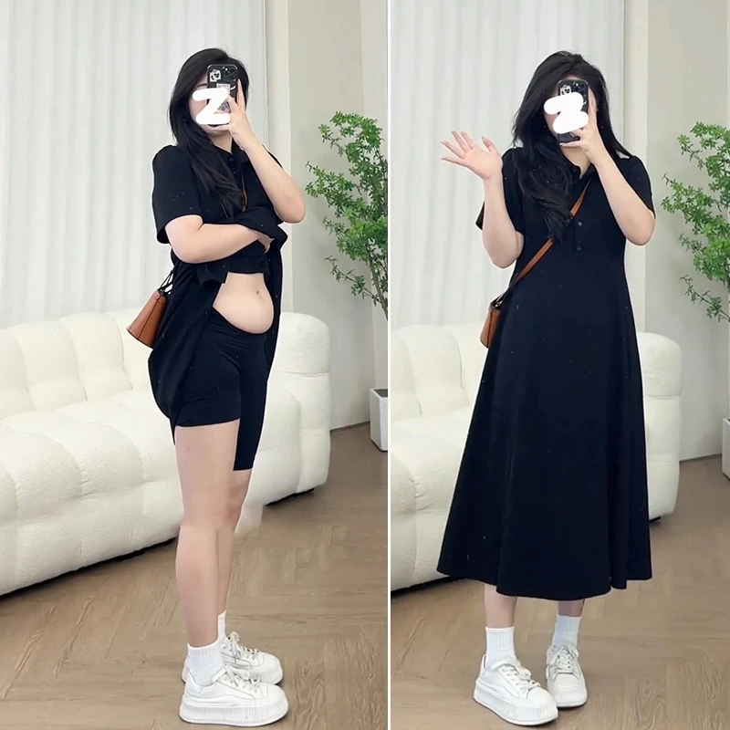大码连衣裙女2024夏季新款胖MM收腰显瘦A字休闲短袖POLO领长裙子