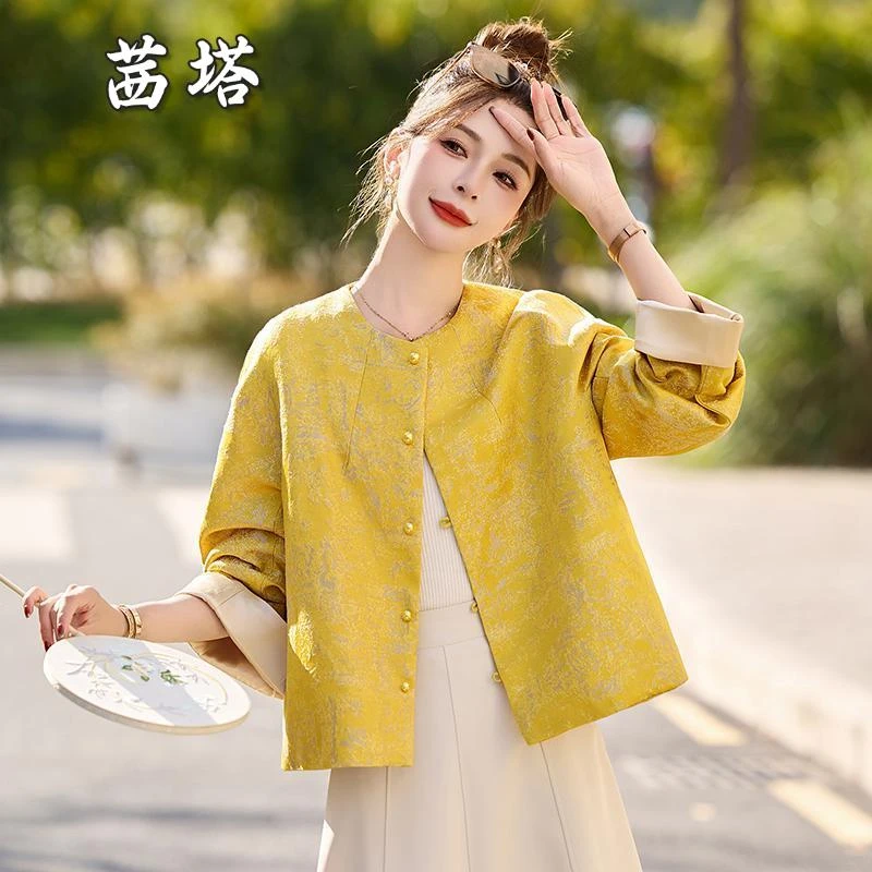 2025高级感黄色新中式提花圆领外套女春秋季新款复古优雅唐装上衣