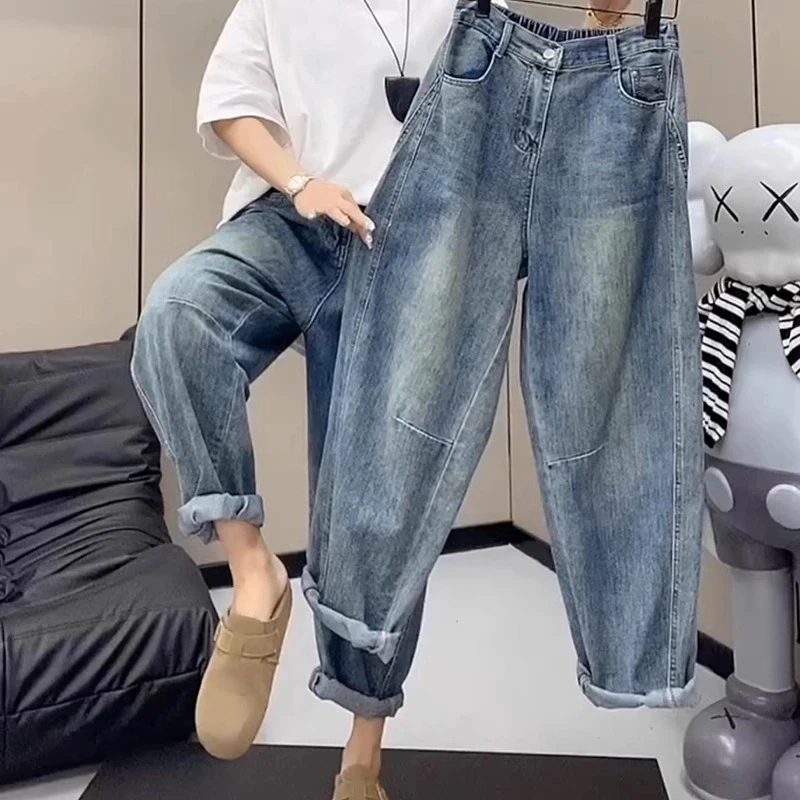 2025年夏季新款梨形身材微胖穿搭大码女装哈伦老爹牛仔裤子九分裤