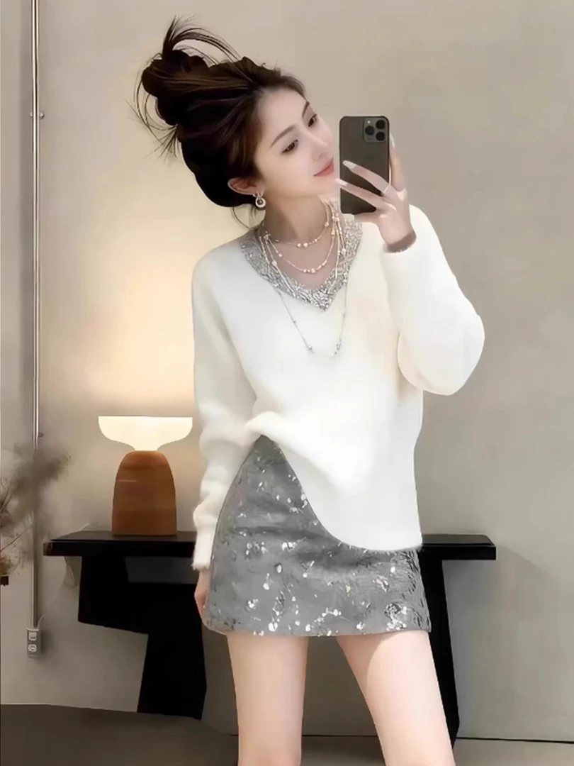 韩版温柔风V领长袖针织毛衣女巨好看的慵懒气质甜美减龄软糯上衣