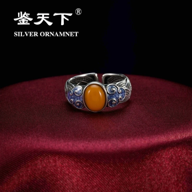 珐琅6*8mm蜜蜡祥云缠绕925银开口戒指08200295