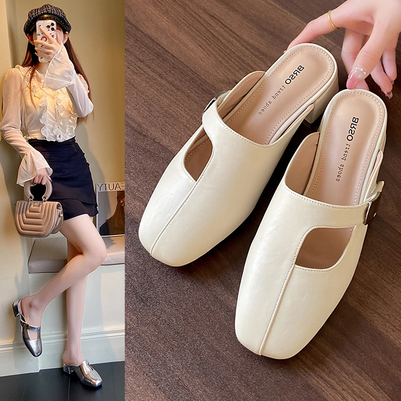 粗跟包头半拖鞋女夏外穿2025新款网红爆款凉鞋穆勒鞋银色单鞋洋气