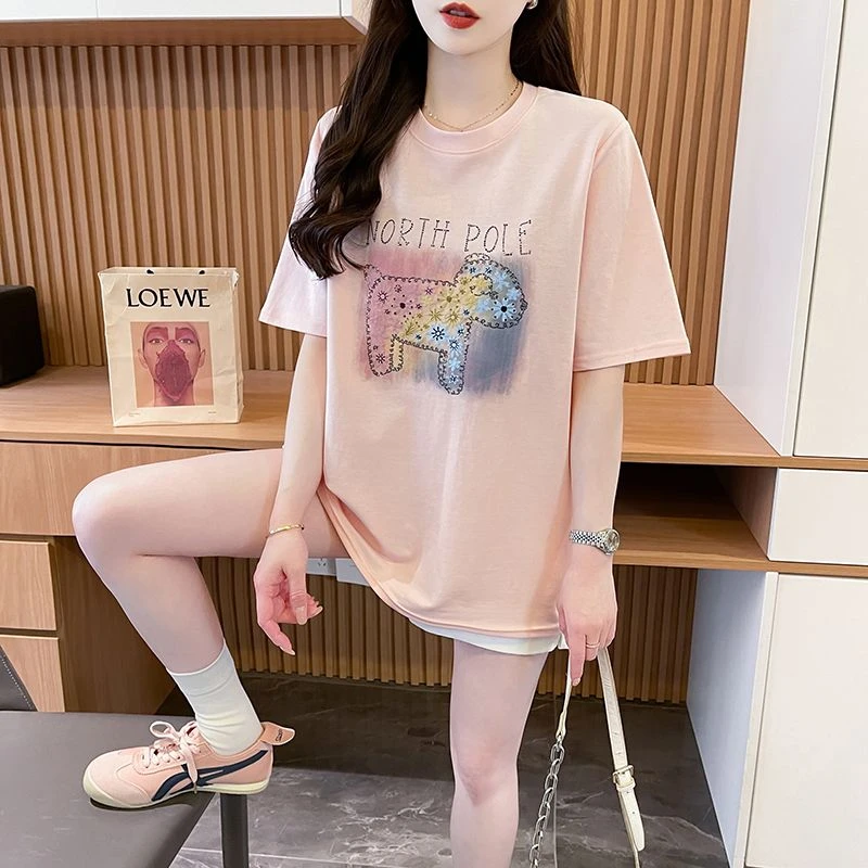 夏季新潮风短袖T恤女韩版时尚纯棉大码显瘦ins休闲圆领卡通打底衫