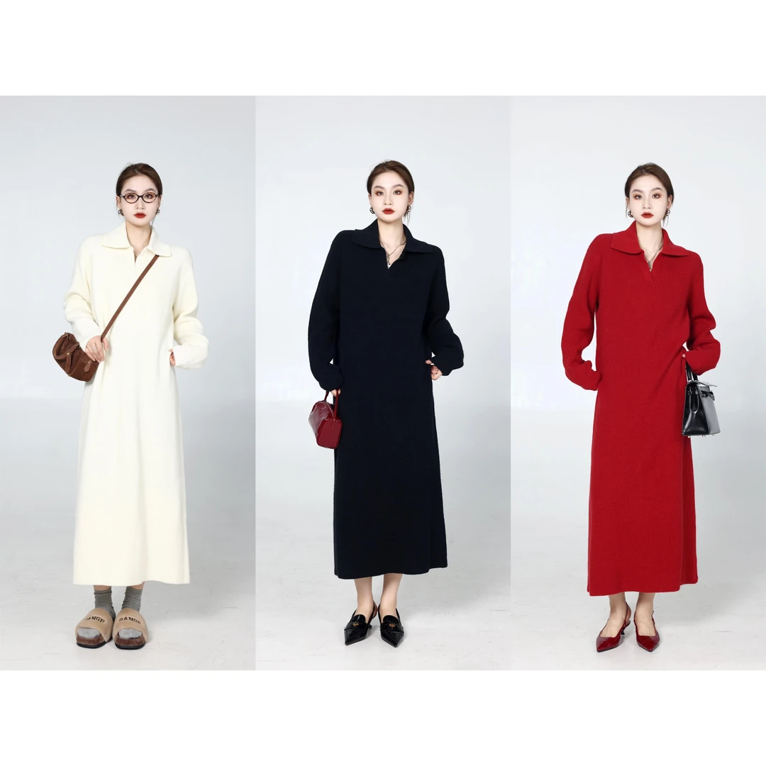 QC李潇洒【红酒夜曲】微胖大码女冬季POLO领针织毛衣连衣裙ZY410H19