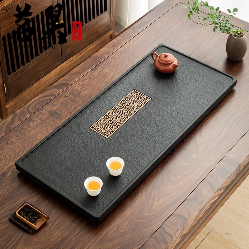 天然乌金石茶盘整块一体石头原石简约轻奢大小号石材茶海茶具托盘