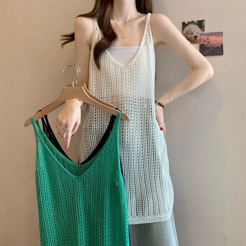 夏季叠穿v领镂空针织打底背心内搭女防晒内搭中长款无袖罩衫上衣