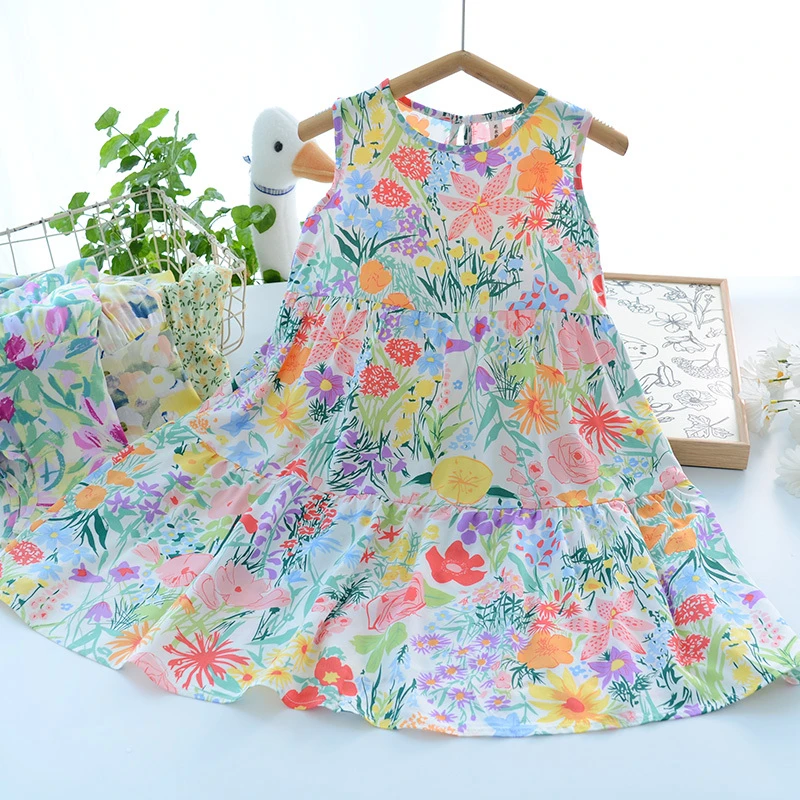度假风洋气童装夏款儿童女童绵绸背心连衣裙宝宝薄人造棉碎花裙子