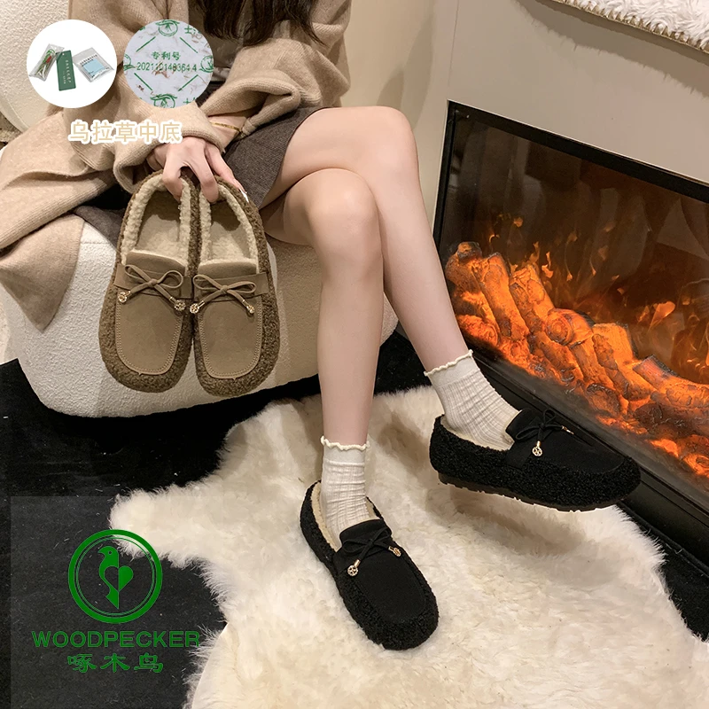 woodpecker/啄木鸟加绒毛毛豆豆鞋冬季棉鞋蝴蝶结防滑女鞋妈妈鞋