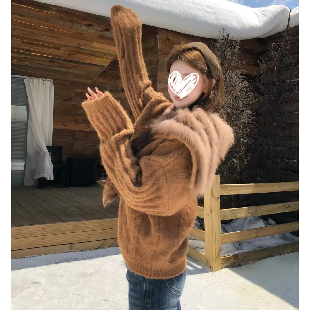 2025秋冬新款韩版海军领毛领针织开衫轻奢外套毛毛显瘦毛衣女