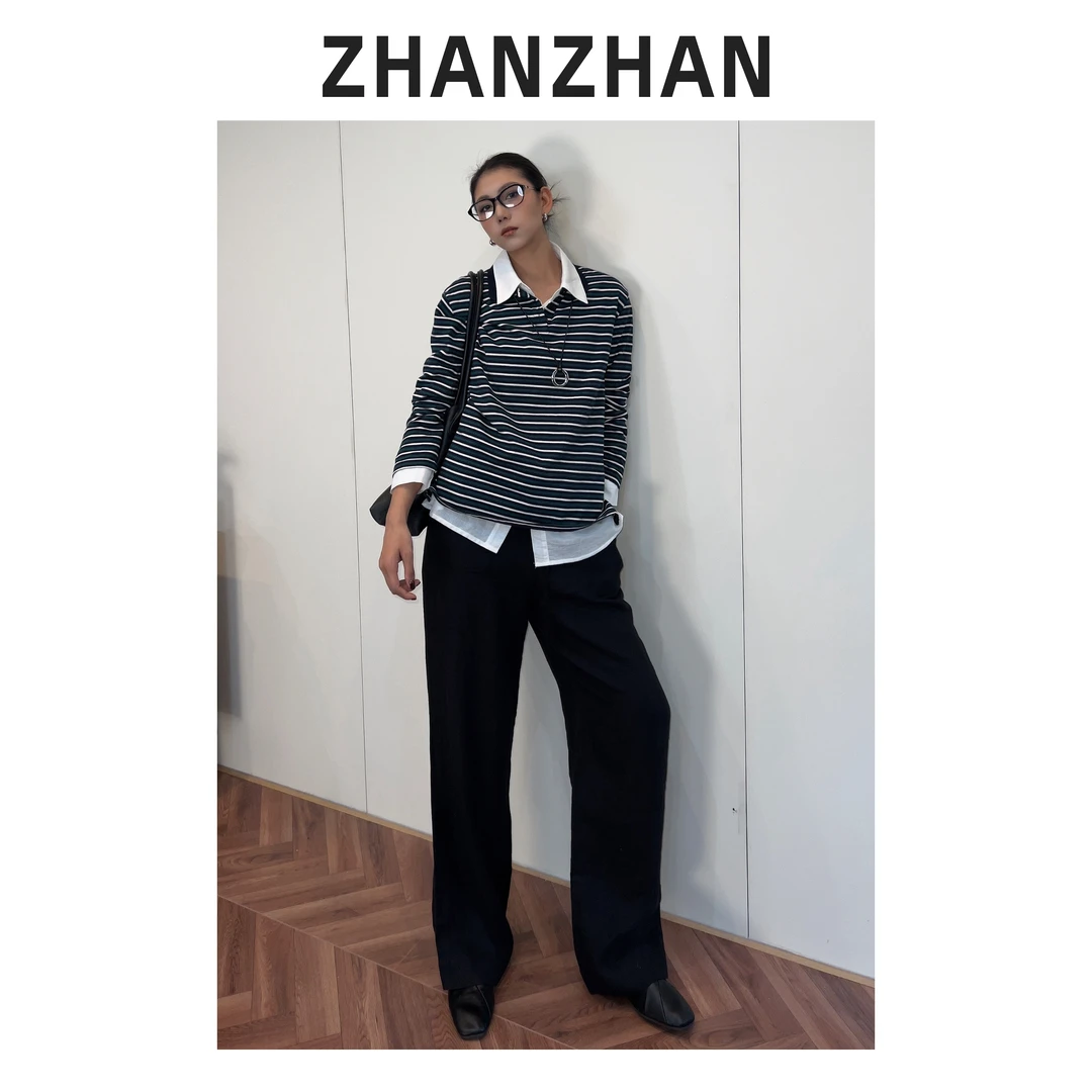 ZHANZAHN【曼乐之城】春季新款条纹翻领打底衫ZZSW3185
