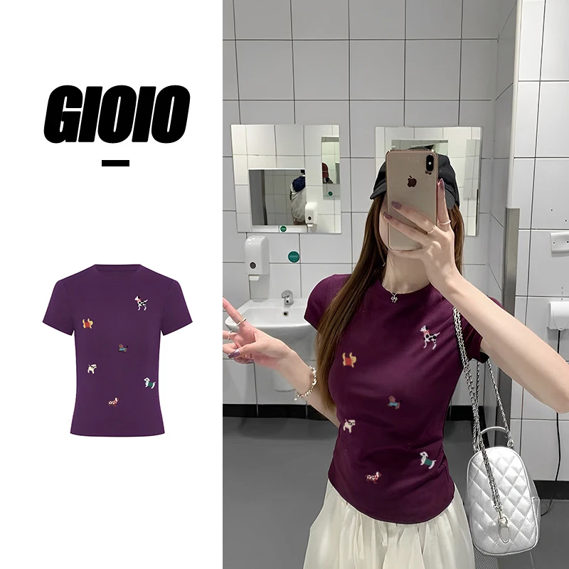 辣妹夏季新款小狗印花小众设计款正肩修身休闲圆领短袖T恤女