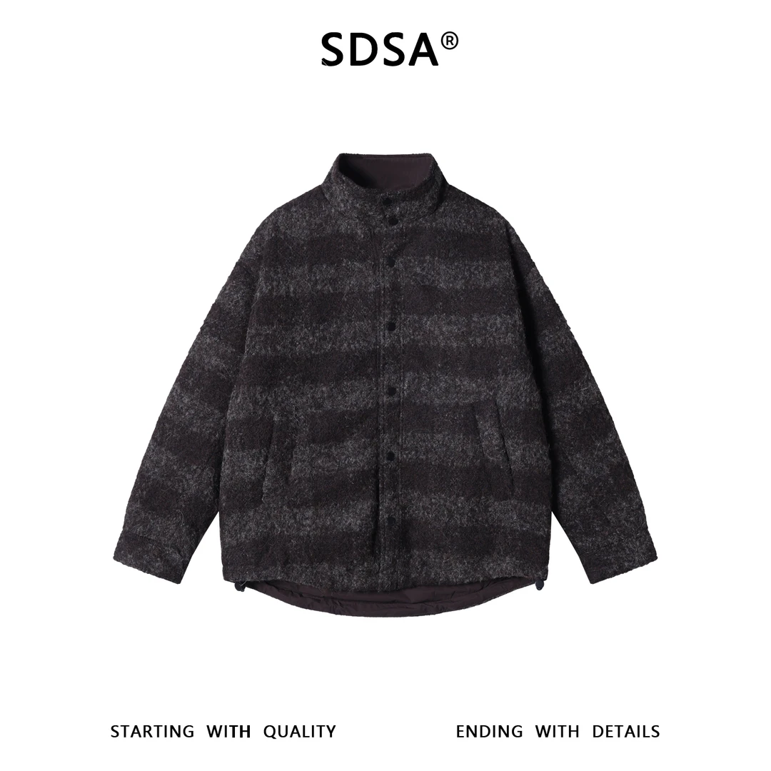 SDSA秋冬新款痞帅男装复古撞色条纹立领羽绒服下摆松紧设计百搭
