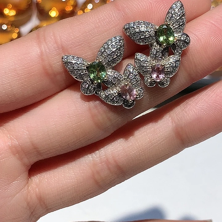 耳饰银S925镶嵌碧玺