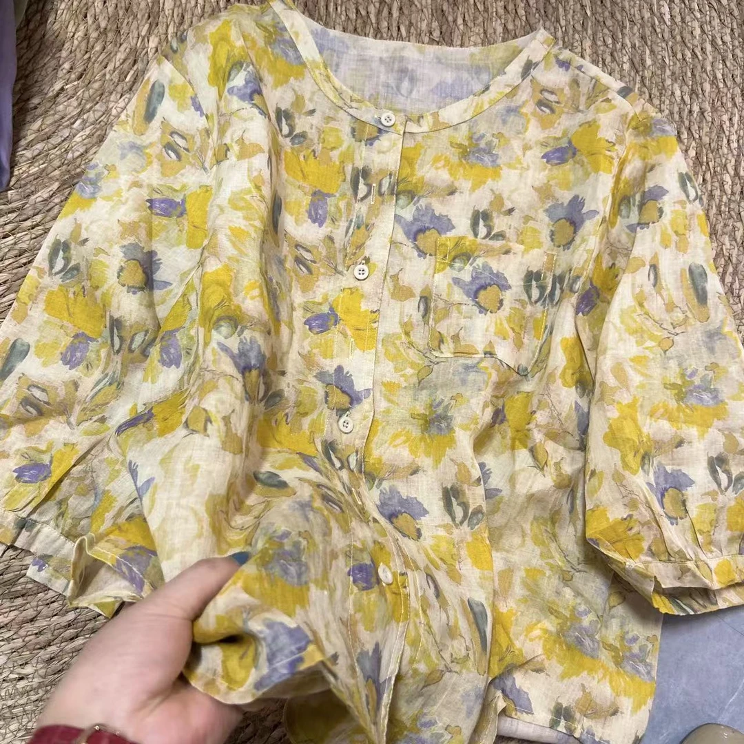 视频款女士腰果花印花苎麻小衫