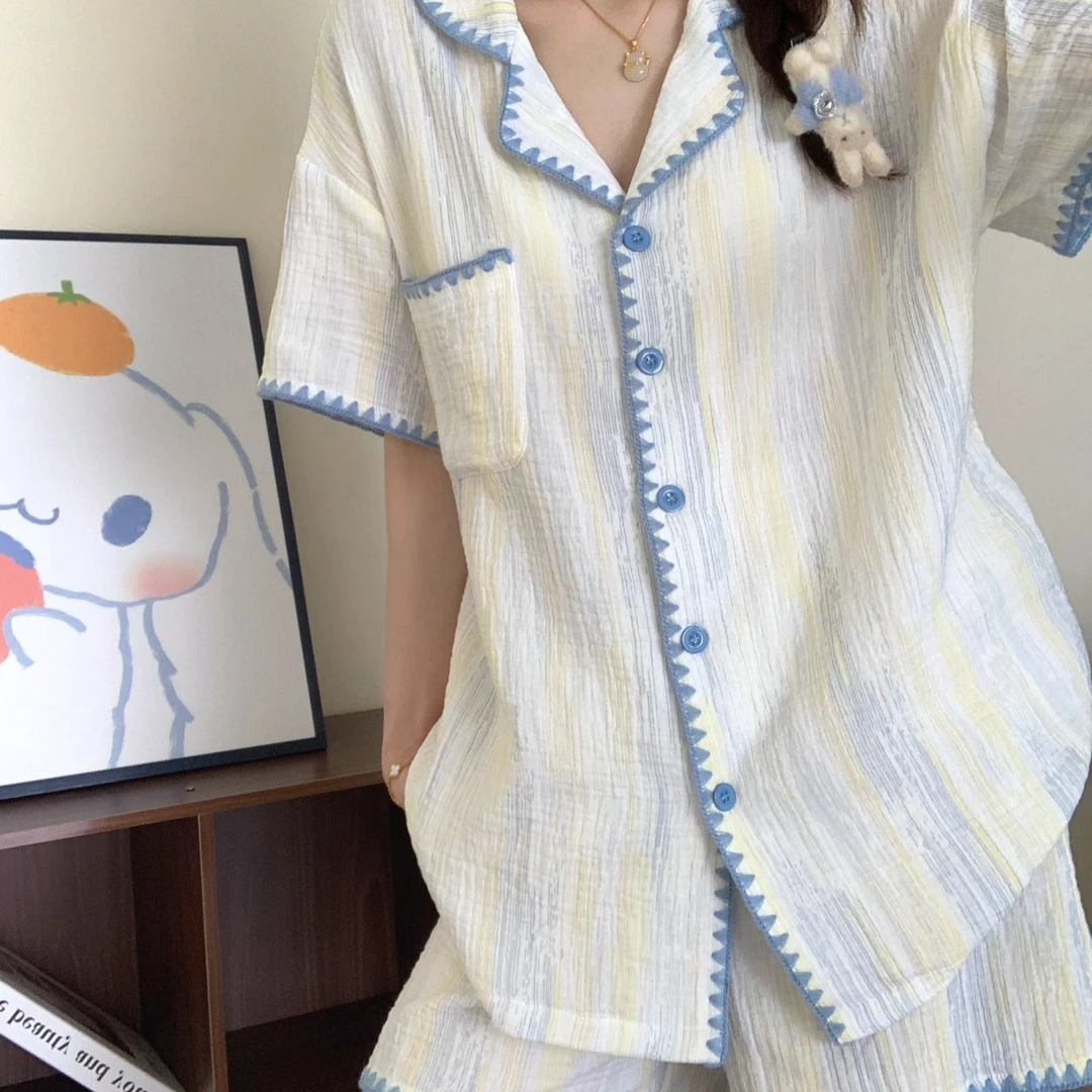 夏款少女拼接条纹纯棉纱短袖睡衣女款套装2025新款夏季家居服外穿