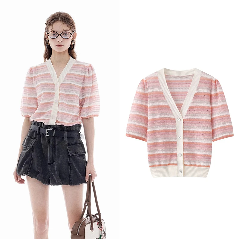【针织衫】2025夏季新款时尚百搭彩条细闪亮片粉色短袖上衣女C5912