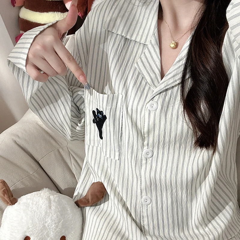 日系ins风条纹黑猫睡衣女春秋可爱长袖学生两件套家居服高级套装