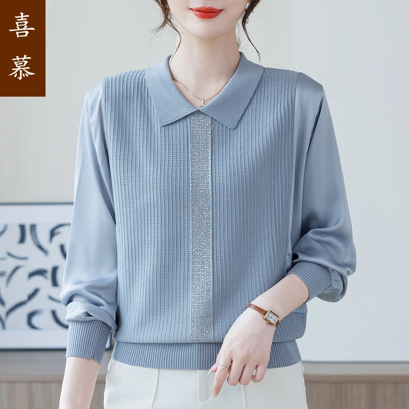 中年妈妈秋装娃娃领上衣洋气长袖T恤2025新款中老年女装纱袖小衫