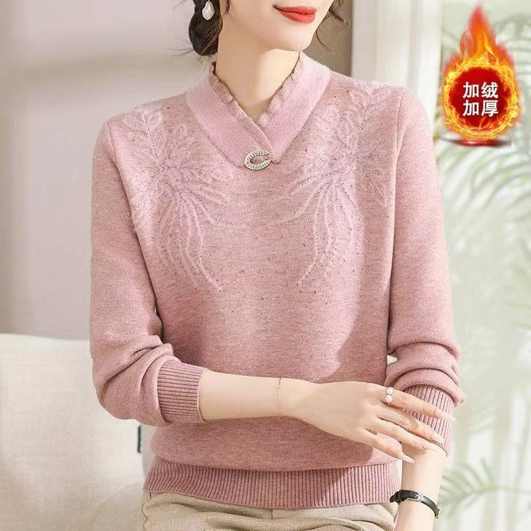 毛衣中老年加绒针织衫百搭加绒针织衫中老年女装