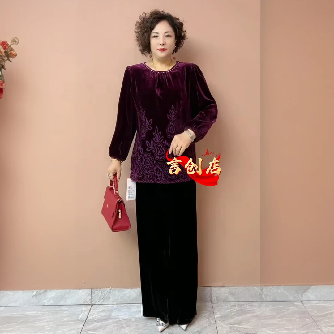 2533原版秋季中老年圆领长袖真丝绒烧花大码金丝绒妈妈装套装130