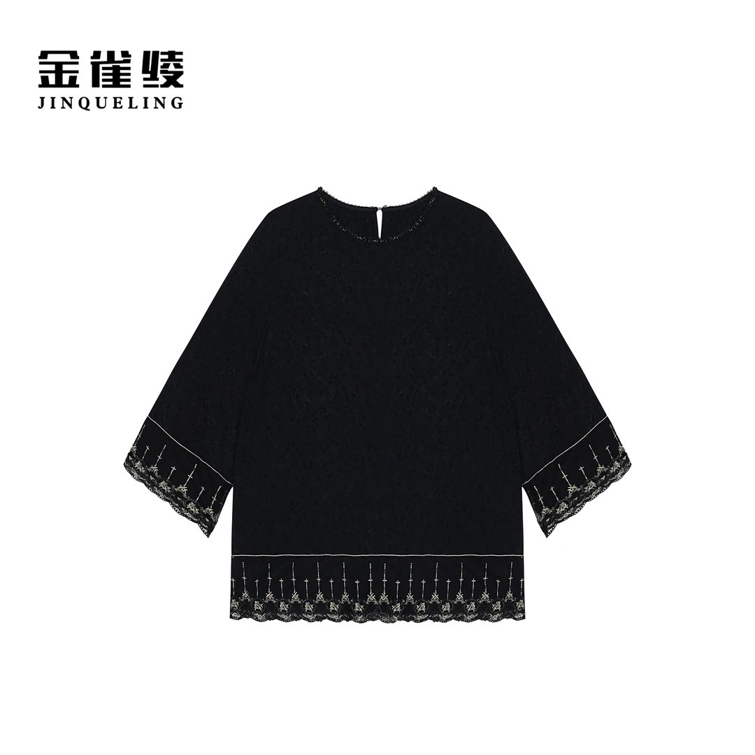 金雀绫【黑金萝】法式设计师款蕾丝圆领大码女装衬衫SZA1S055