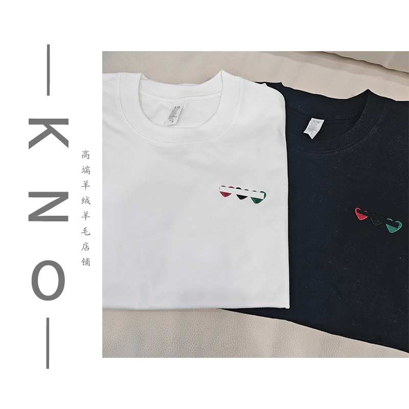 【KNO】早春新款多色男女同款爱心刺绣百搭气质圆领短袖白色t恤女