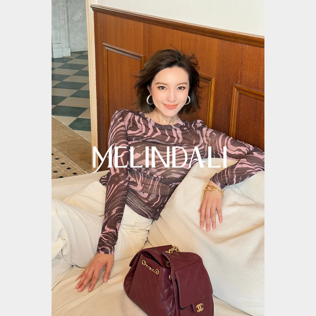 Melinda Li【玫瑰斑马】英国花版斑马印花网纱T长袖上衣微透打底衫