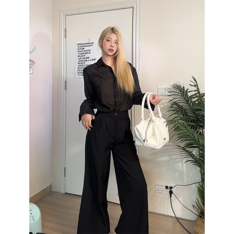 高级感时尚简约衬衫上衣高腰直筒松弛感休闲宽松高腰休闲阔腿裤女