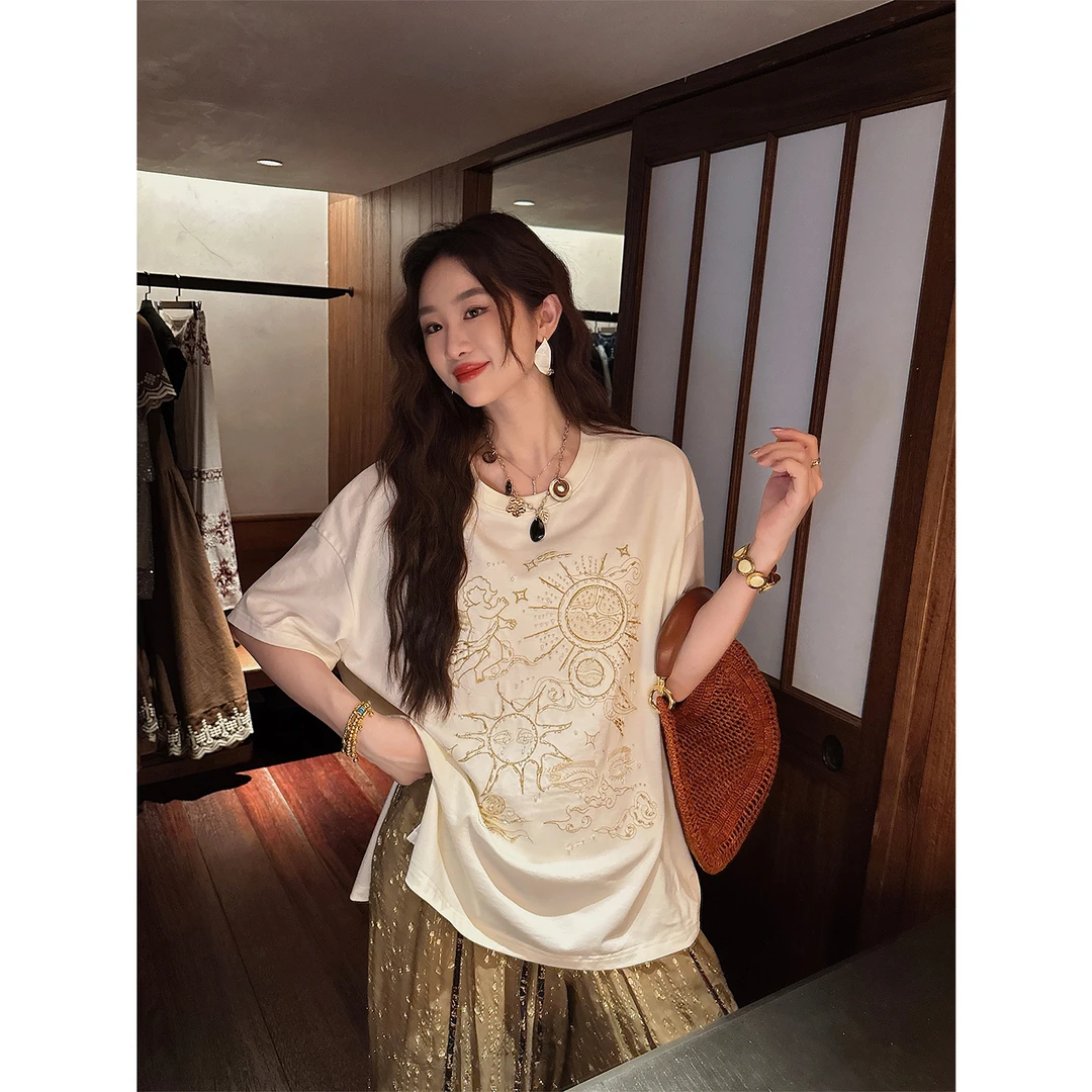 三吉黑花【奥罗拉】国风金丝绣花短袖T恤女国风巨好看设计感上衣