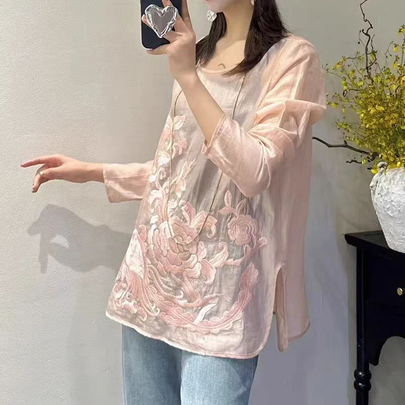 088-1圆领新中式春夏款复古国风上衣刺绣打底衫轻奢高级感长袖