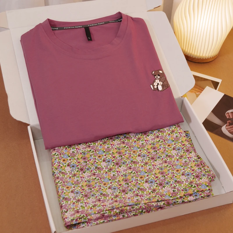夏季睡衣女新款火龙果色小熊圆领短袖长裤休闲百搭家居服套装-525