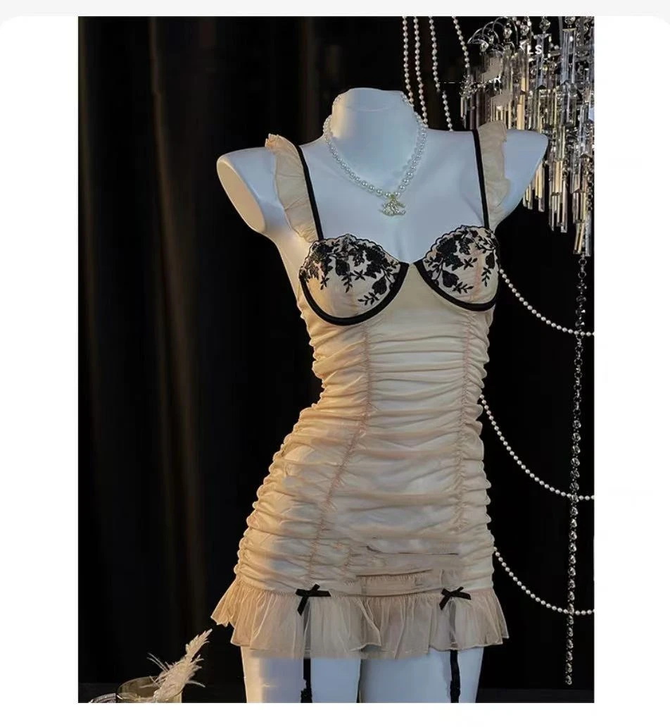 【干枯玫瑰】纯欲蕾丝钢圈小胸网纱性感睡裙女吊带睡衣情调私房气质