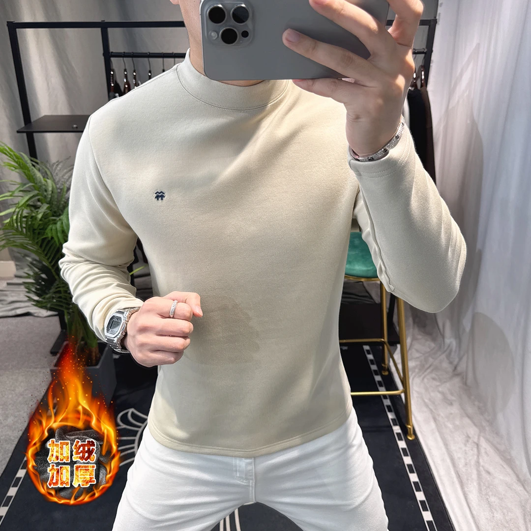 欧洲站冬季长袖t恤男2025新款百搭保暖加绒半高领内搭男士打底衫