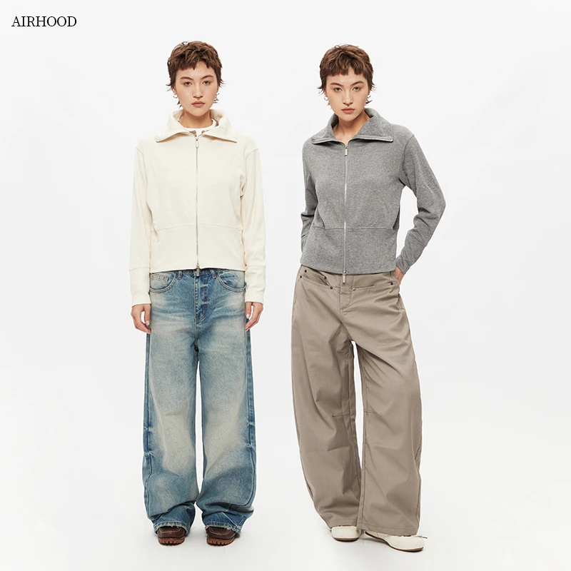 AIRHOOD 秋冬潮牌新款拼接设计翻领拉链开衫纯色简约卫衣女C5428