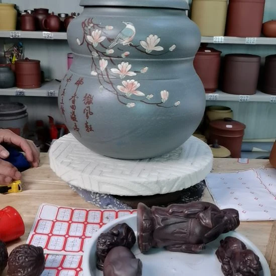 紫砂茶叶罐正品石瓢花鸟款7222