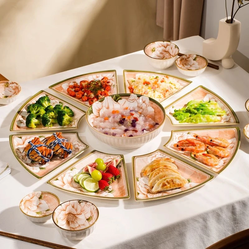 山年夜饭圆桌盘子菜盘家用陶瓷团圆拼盘餐具组合扇形碗盘套装