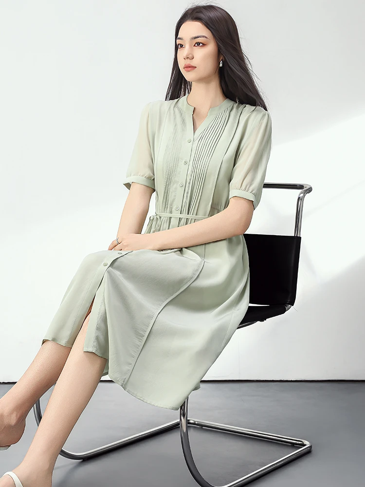 重工19姆米鬼绉桑蚕丝连衣中长裙女V领真丝裙单排扣短袖系带A字裙