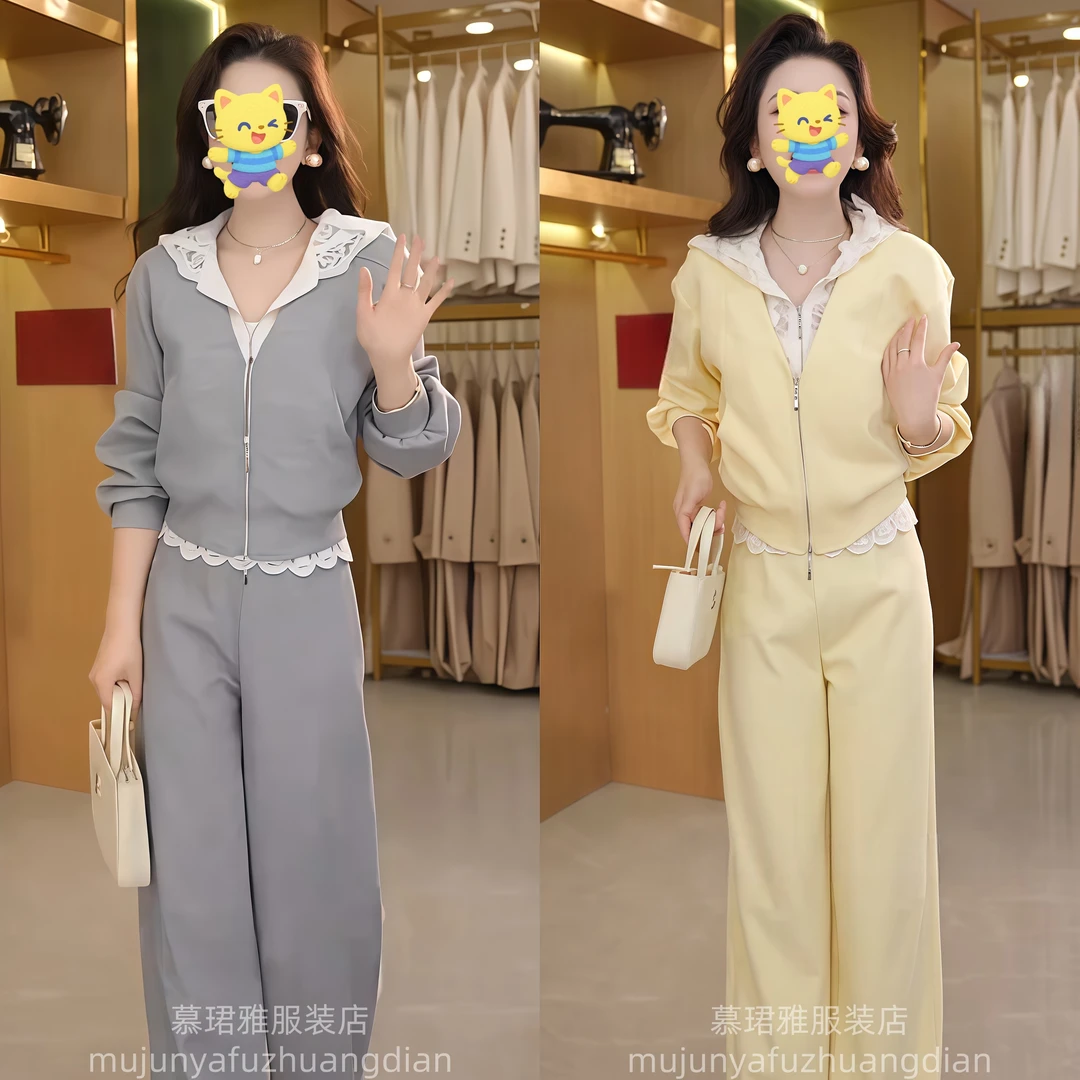 2025超火春装套装女韩系时尚减龄假两件卫衣阔腿裤