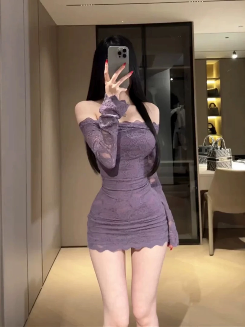 紫色一字肩长袖连衣裙蕾丝刺绣修身显瘦包臀短裙纯欲风
