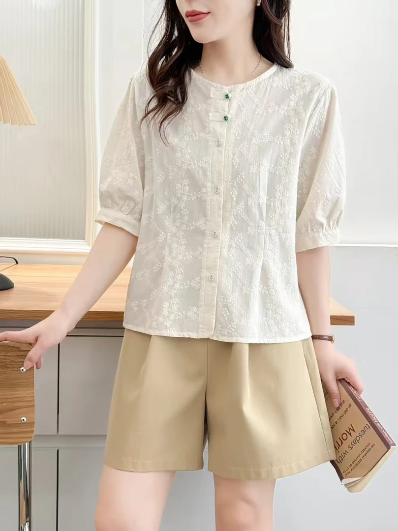 短袖夏季刺绣新春国风轻熟衬衫小衫休闲气质百搭6636