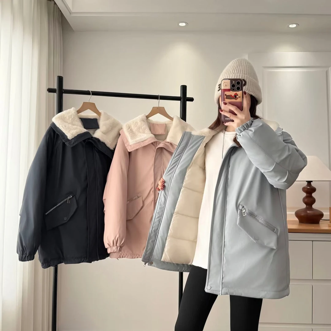 大码胖mm韩版拼接大翻领加厚棉服外套女冬季休闲宽松派克服6128