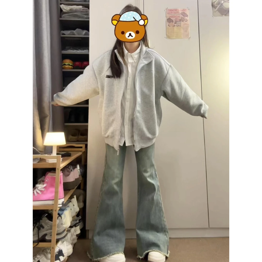 国潮牌重磅刺绣立领卫衣外套女秋季2025情侣美式宽松开衫夹克上衣