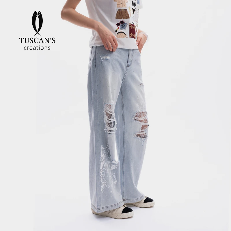 TUSCAN'S CREATIONS时尚百搭破洞复古宽松直筒牛仔裤双鱼女装