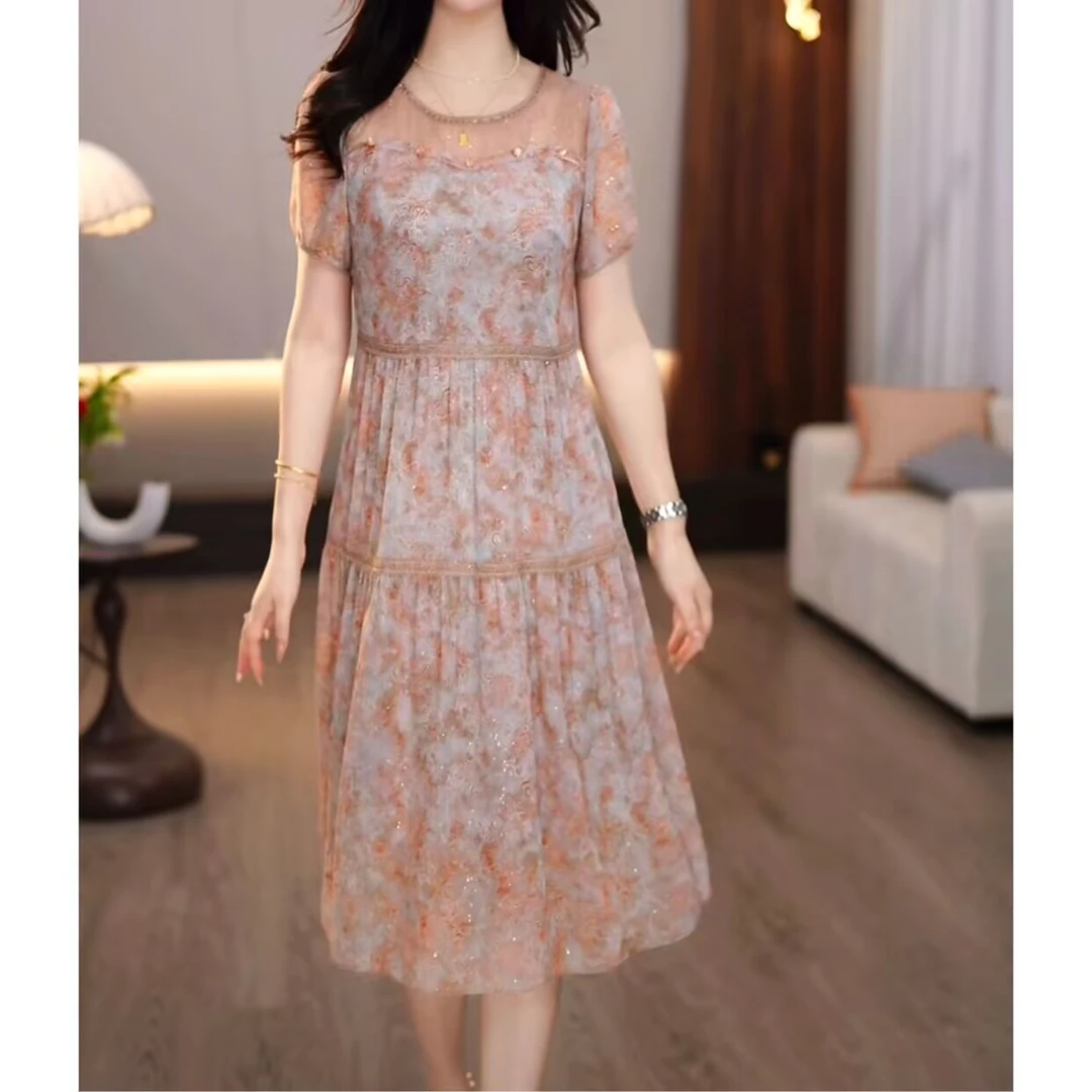 2025夏款高级低饱和混色晕染花纹蛋糕裙活力减龄女士连衣裙M-4XL